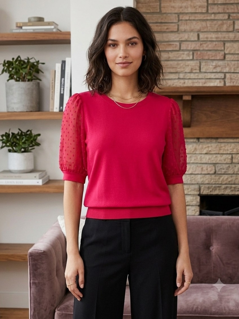 CeCe Red Puff Sleeve Dot Mesh Knit Top